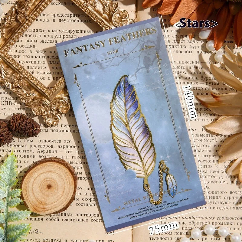 Metal feather bookmark in classical Chinese style with available colours including Aurora, Dark Night, Mist, and Stars