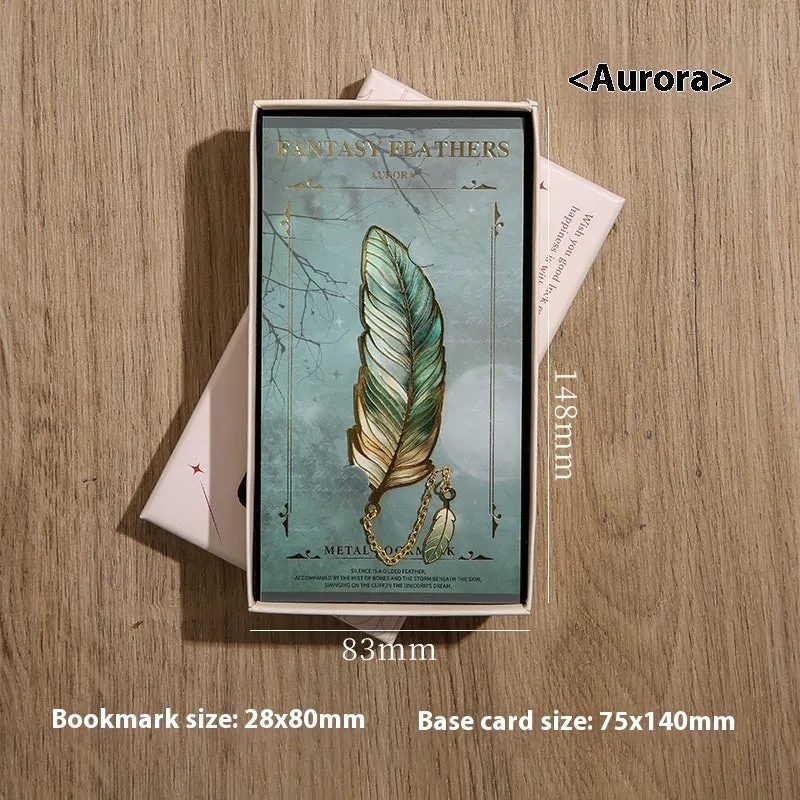 Metal feather bookmark in classical Chinese style with available colours including Aurora, Dark Night, Mist, and Stars