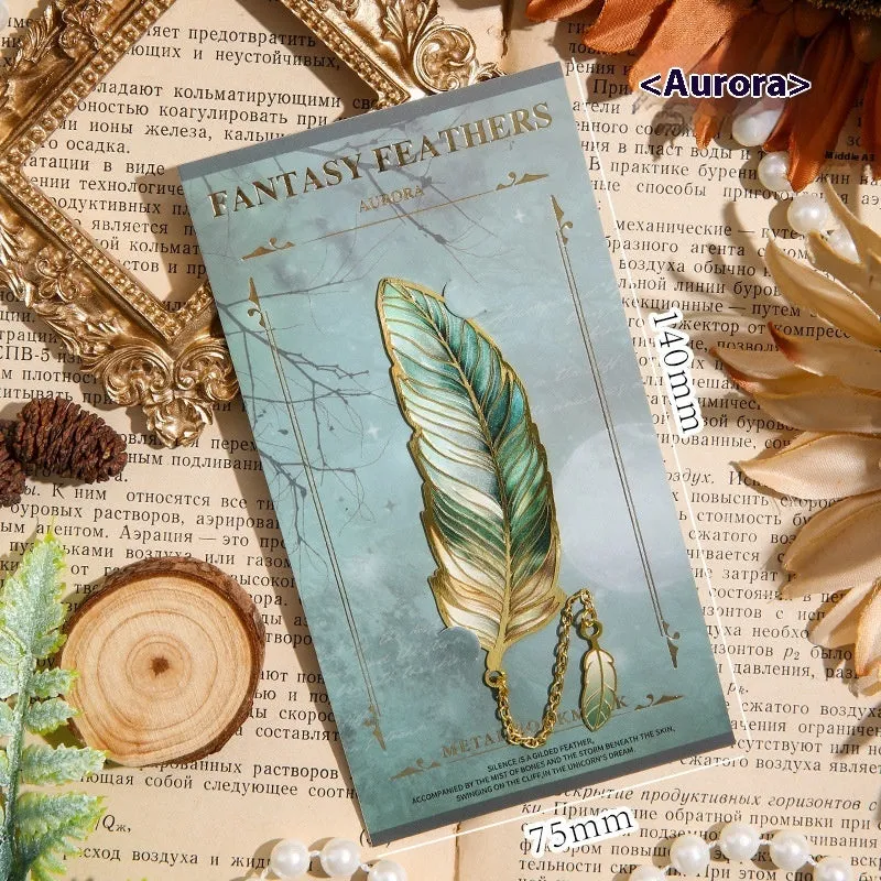 Metal feather bookmark in classical Chinese style with available colours including Aurora, Dark Night, Mist, and Stars