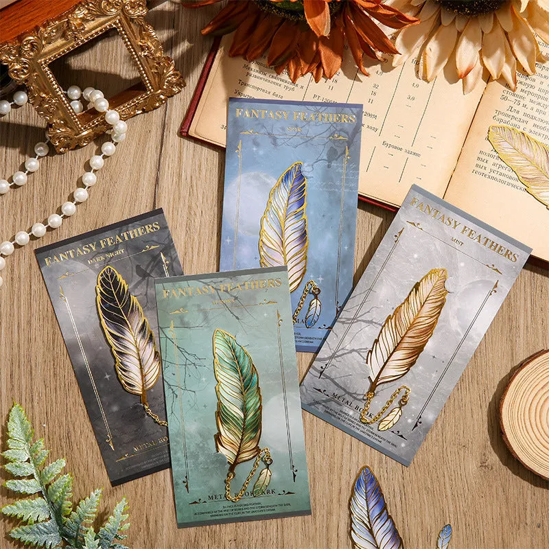 Metal feather bookmark in classical Chinese style with available colours including Aurora, Dark Night, Mist, and Stars