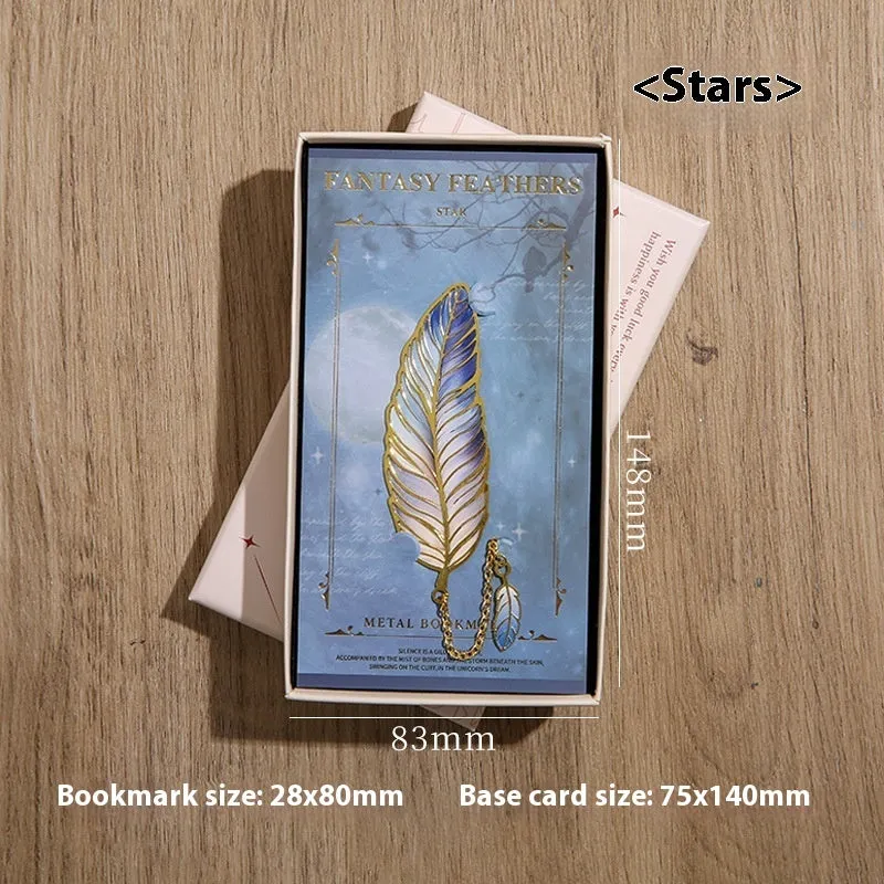 Metal feather bookmark in classical Chinese style with available colours including Aurora, Dark Night, Mist, and Stars
