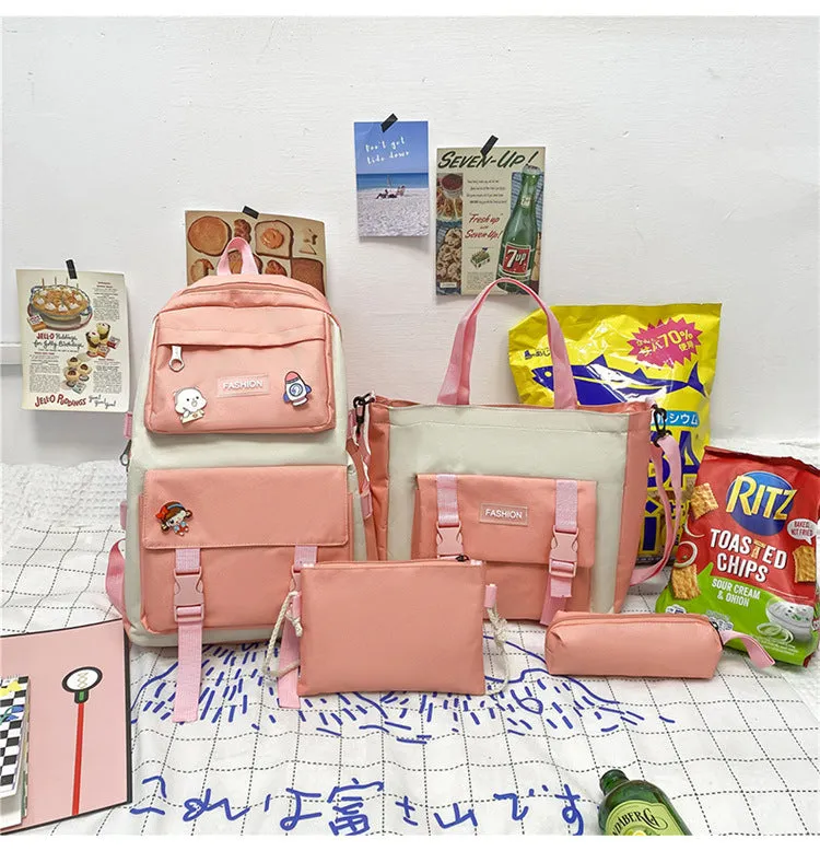 Korean style Mori casual Oxford cloth student four-piece set backpack in pink, breathable with curved shoulder strap