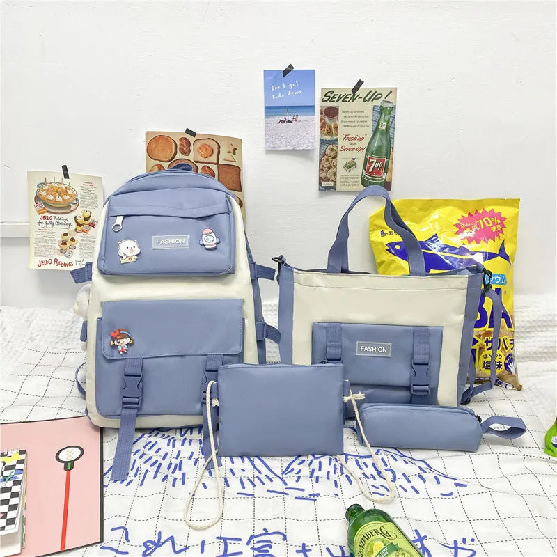 Korean style Mori casual Oxford cloth student four-piece set backpack in pink, breathable with curved shoulder strap