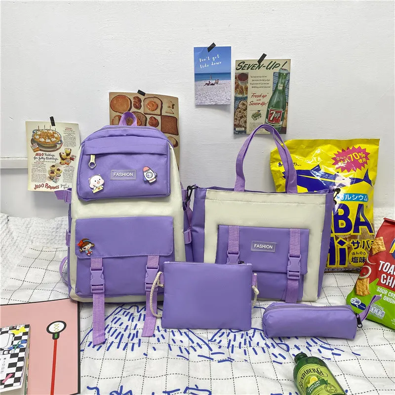 Korean style Mori casual Oxford cloth student four-piece set backpack in pink, breathable with curved shoulder strap