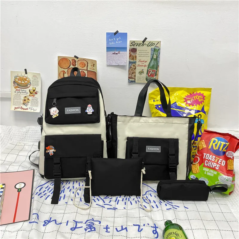 Korean style Mori casual Oxford cloth student four-piece set backpack in pink, breathable with curved shoulder strap