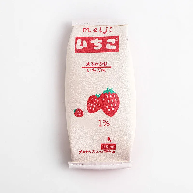 Strawberry milk pencil case in leather with milk carton shape and cartoon strawberry pattern