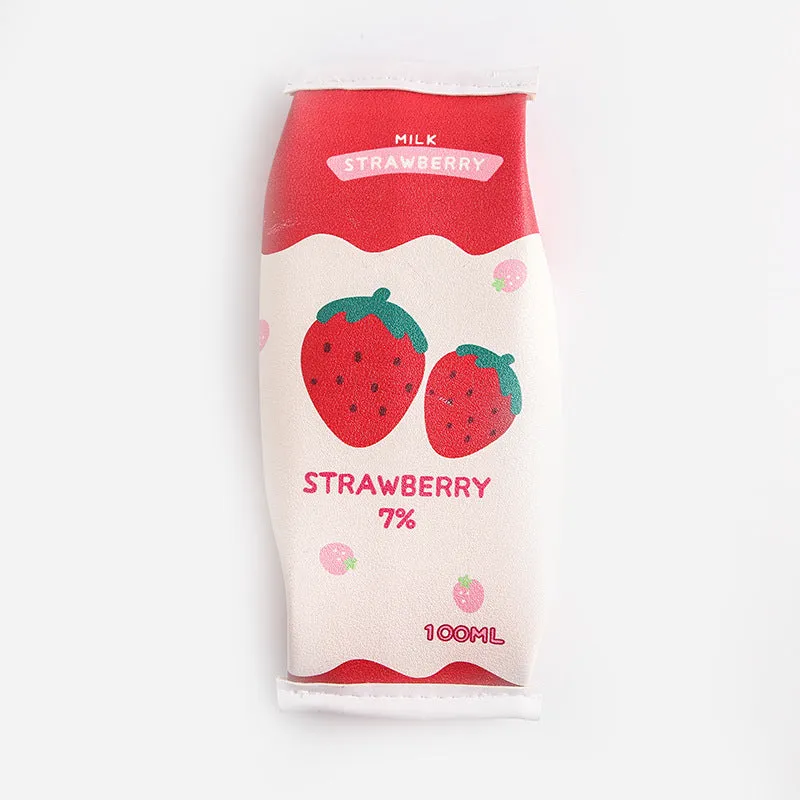 Strawberry milk pencil case in leather with milk carton shape and cartoon strawberry pattern