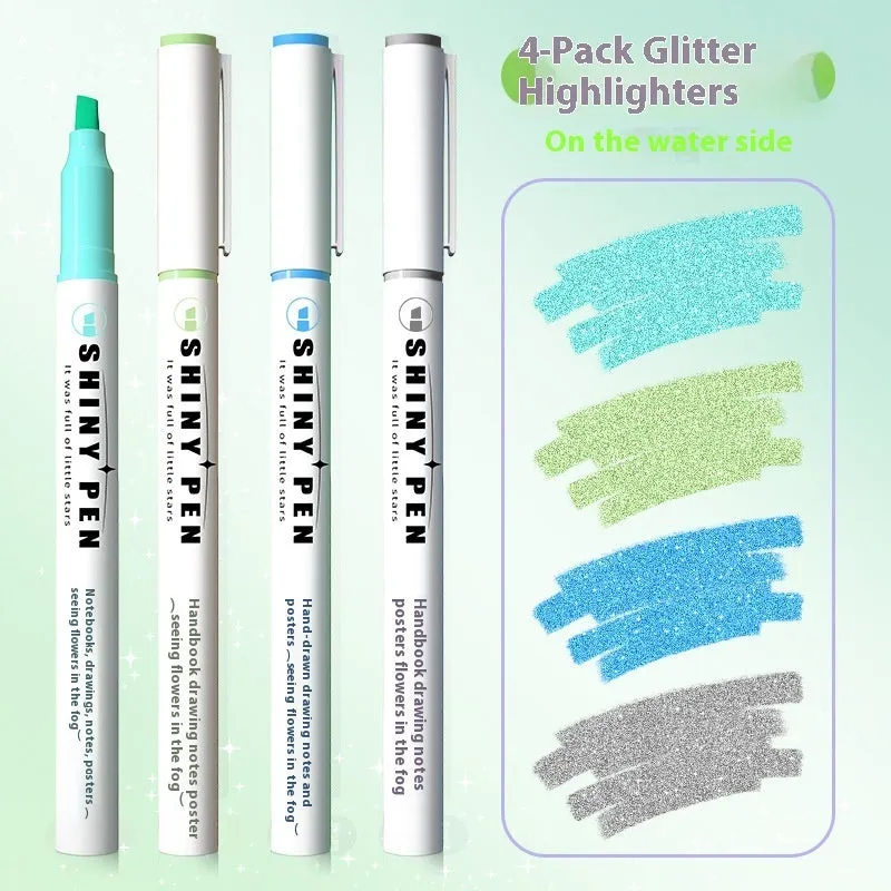 Set of four glitter fluorescent highlighter pens with slanted tips in six colour options including taro puff and mung bean smoothie