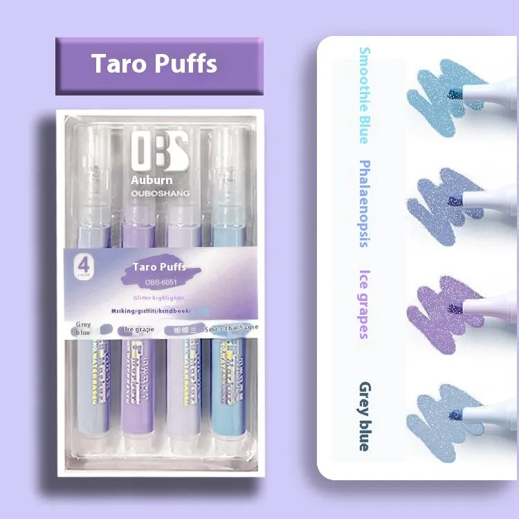 Set of four glitter fluorescent highlighter pens with slanted tips in six colour options including taro puff and mung bean smoothie