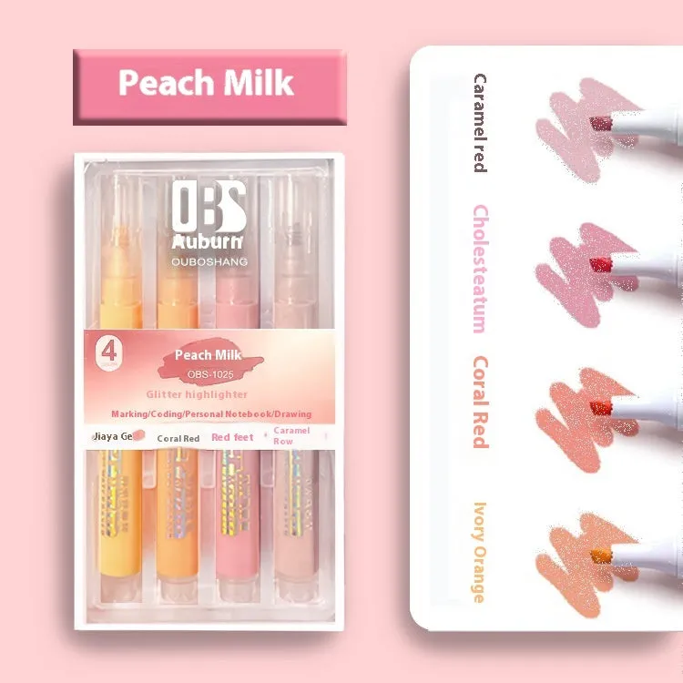 Set of four glitter fluorescent highlighter pens with slanted tips in six colour options including taro puff and mung bean smoothie