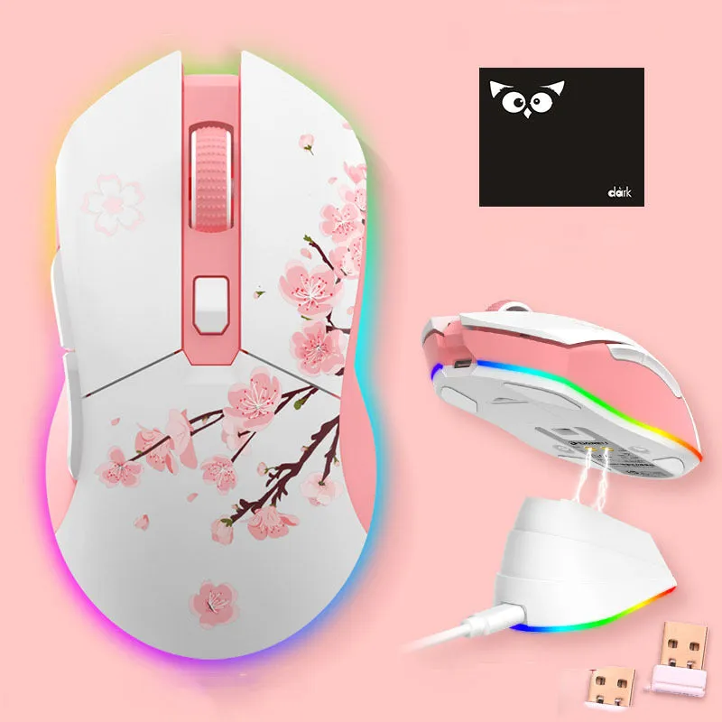 Lightweight wireless and wired game mouse with 7 keys and USB connector, available in multiple colours