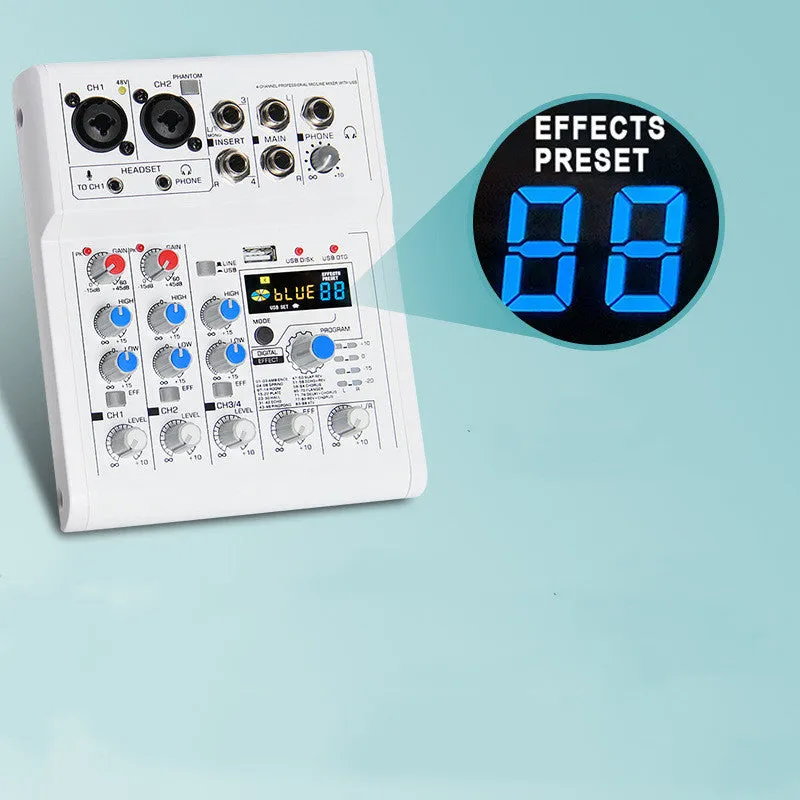 White Mancheze4 Mini 4-channel sound card mixer with Bluetooth and USB interface