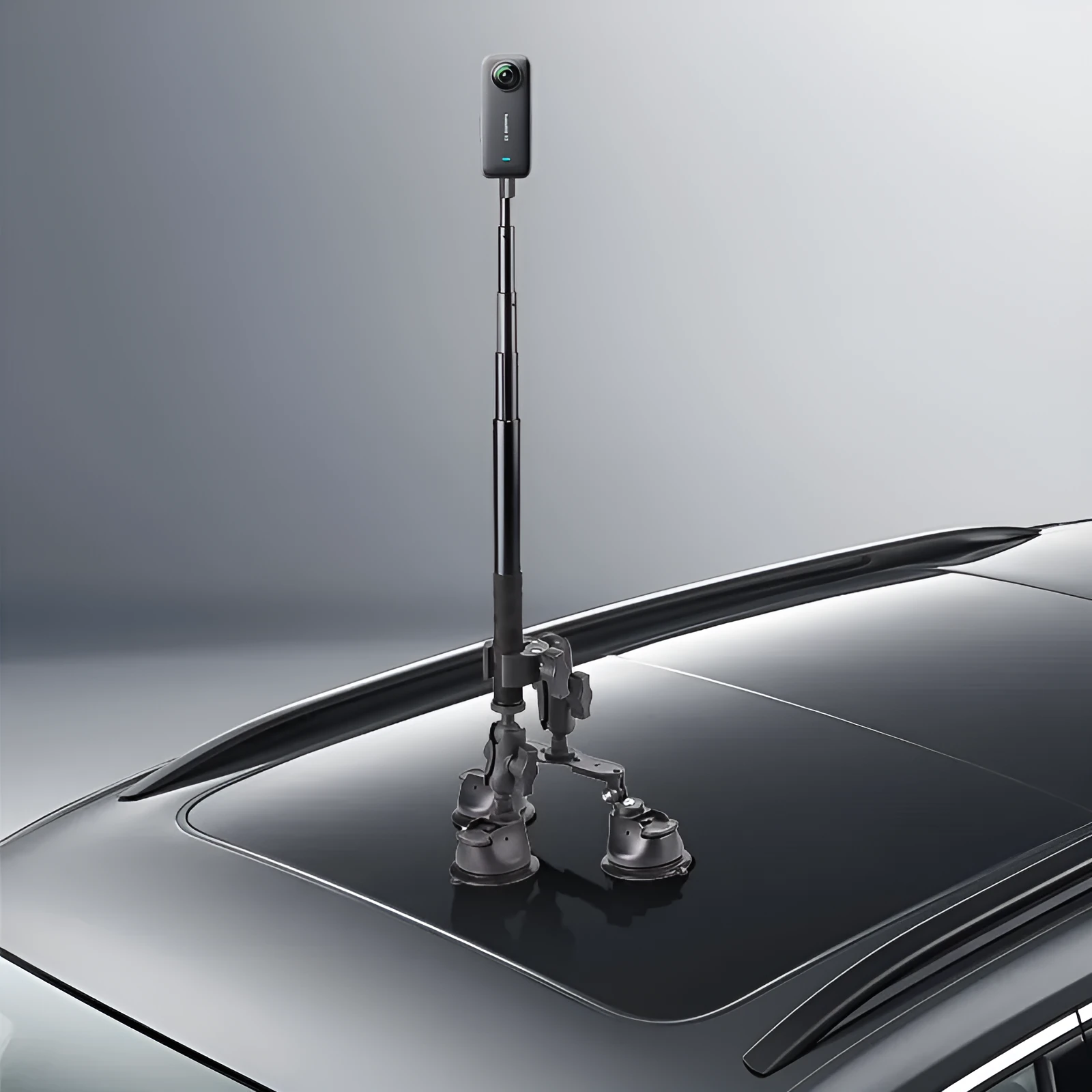 Panoramic camera suction cup bracket with 1.2m extension rod on car roof surface, nylon and alloy build