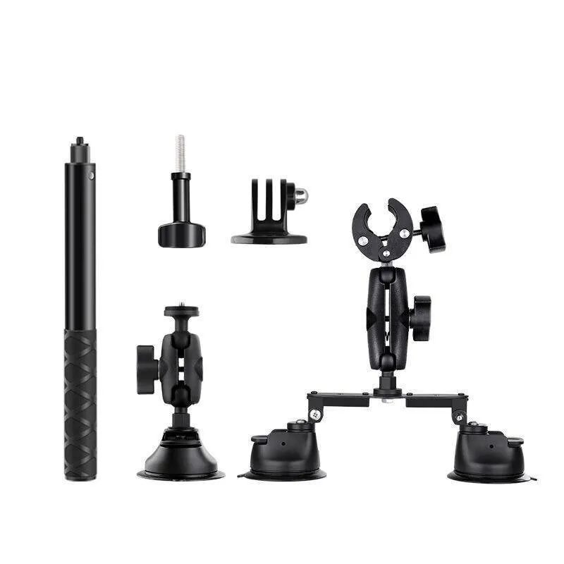 Panoramic camera suction cup bracket with 1.2m extension rod on car roof surface, nylon and alloy build
