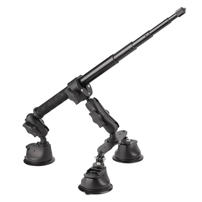 Panoramic camera suction cup bracket with 1.2m extension rod on car roof surface, nylon and alloy build