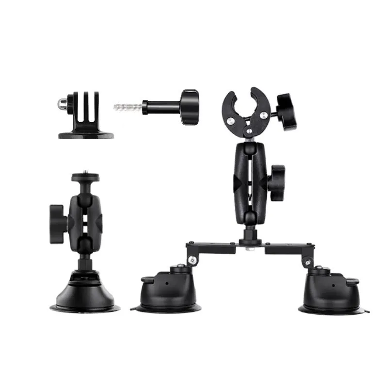 Panoramic camera suction cup bracket with 1.2m extension rod on car roof surface, nylon and alloy build
