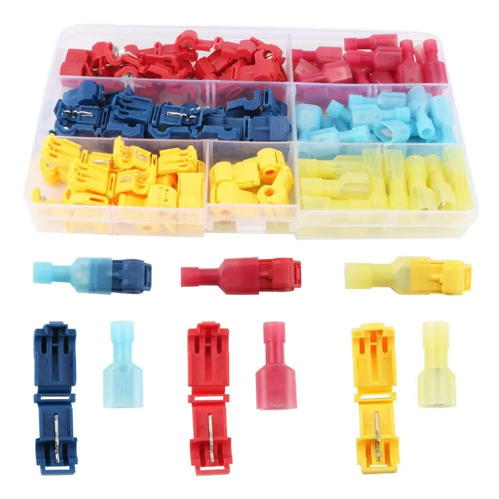 Quick connection box terminal set with red, blue, and yellow PVC connectors on white background