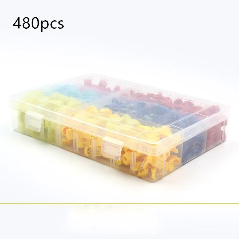 Quick connection box terminal set with red, blue, and yellow PVC connectors on white background