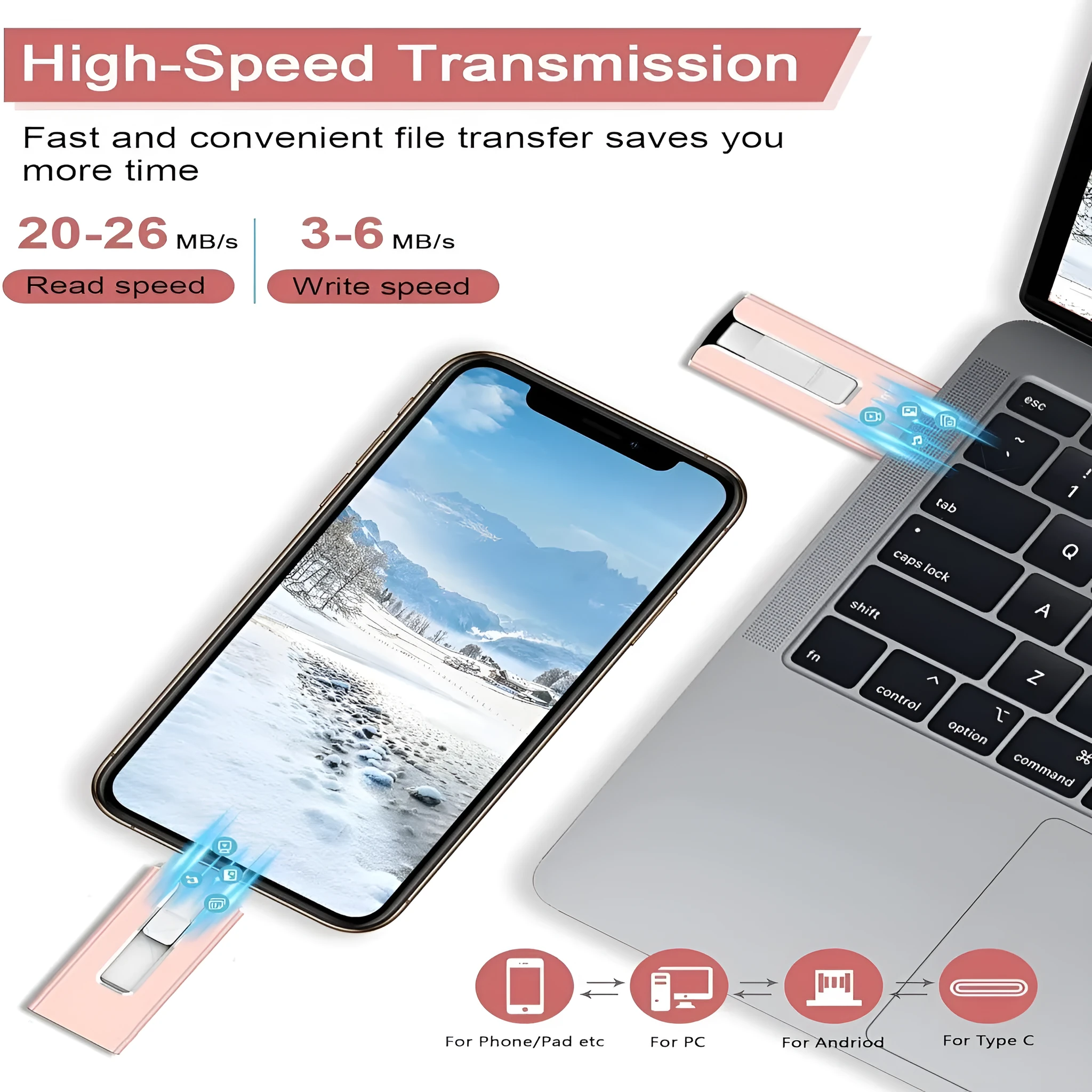 Multifunctional 2T USB thumb drive with Lightning, USB 3.0, OTG interfaces metal shell silver colour