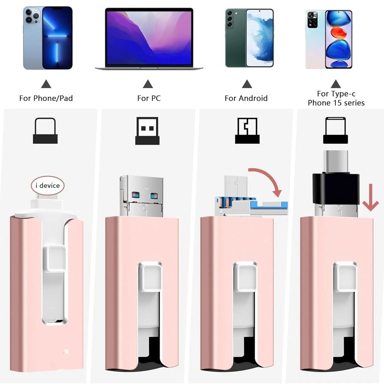 Multifunctional 2T USB thumb drive with Lightning, USB 3.0, OTG interfaces metal shell silver colour