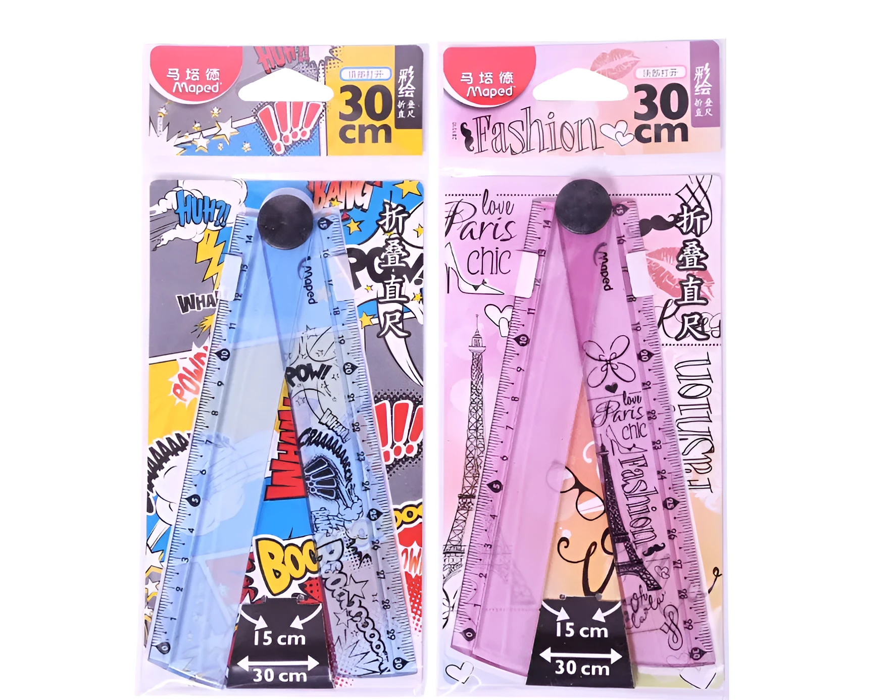 30cm widened rotary folding ruler in blue and pink resin on white background
