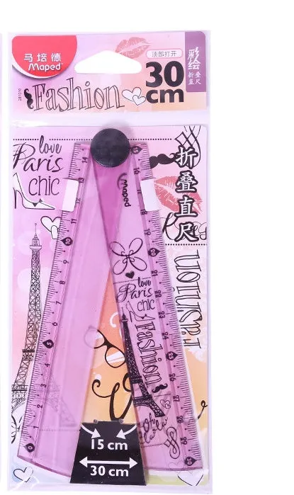 30cm widened rotary folding ruler in blue and pink resin on white background