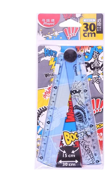 30cm widened rotary folding ruler in blue and pink resin on white background