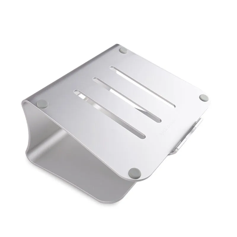 Aluminium laptop cooling bracket with rotary adjustment in silver or grey colour.