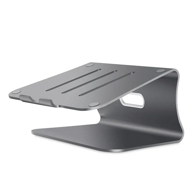 Aluminium laptop cooling bracket with rotary adjustment in silver or grey colour.