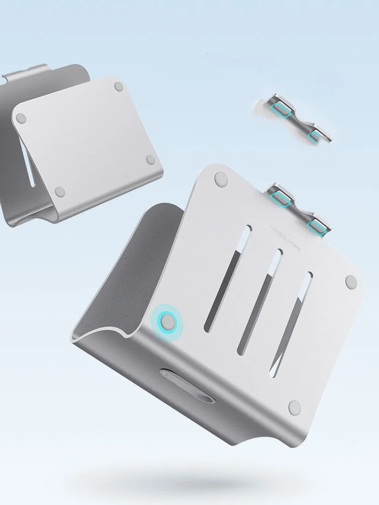 Aluminium laptop cooling bracket with rotary adjustment in silver or grey colour.