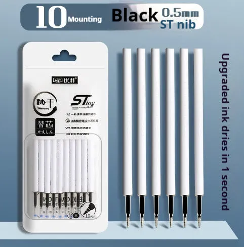 Four bullet-shaped ballpoint pen refills with quick-dry ink in black, blue, red, and ink blue colours.