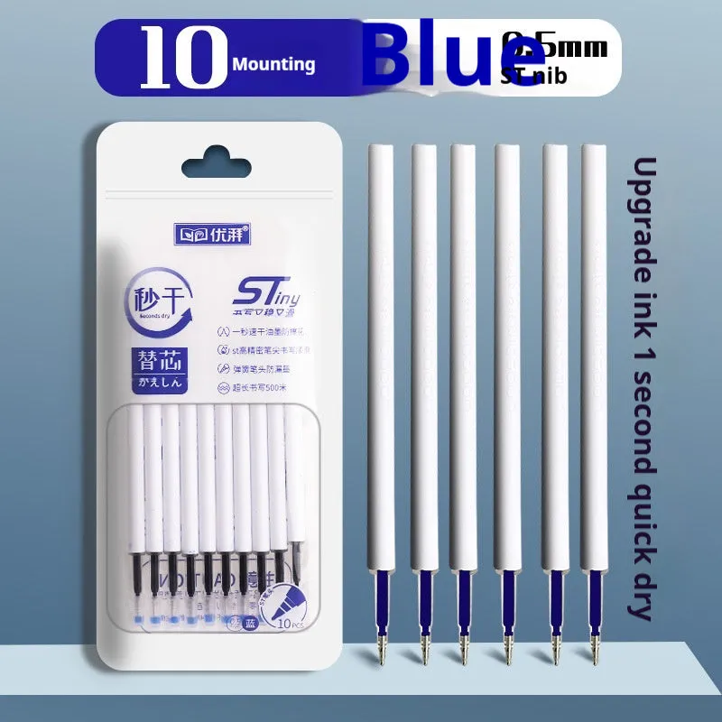 Four bullet-shaped ballpoint pen refills with quick-dry ink in black, blue, red, and ink blue colours.