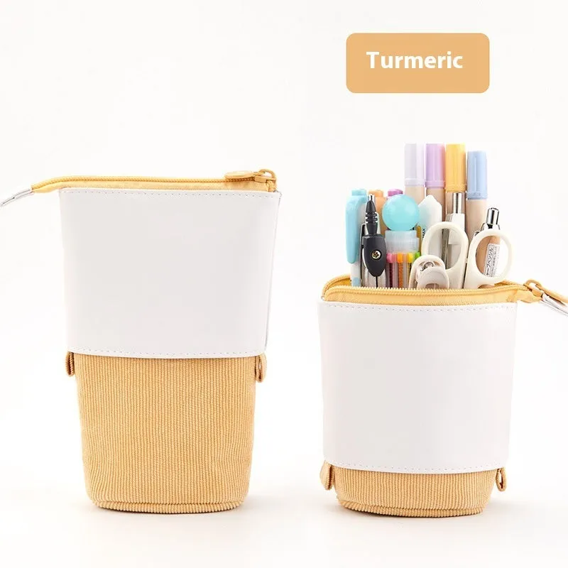 Drop-down telescopic stationery case in cotton linen with PU corduroy exterior in six colour options