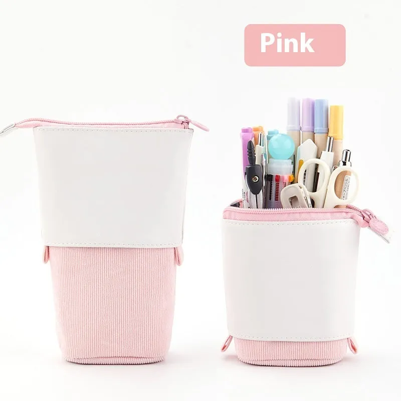 Drop-down telescopic stationery case in cotton linen with PU corduroy exterior in six colour options