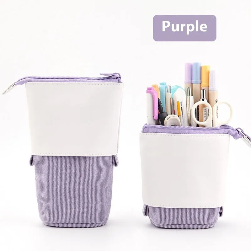 Drop-down telescopic stationery case in cotton linen with PU corduroy exterior in six colour options