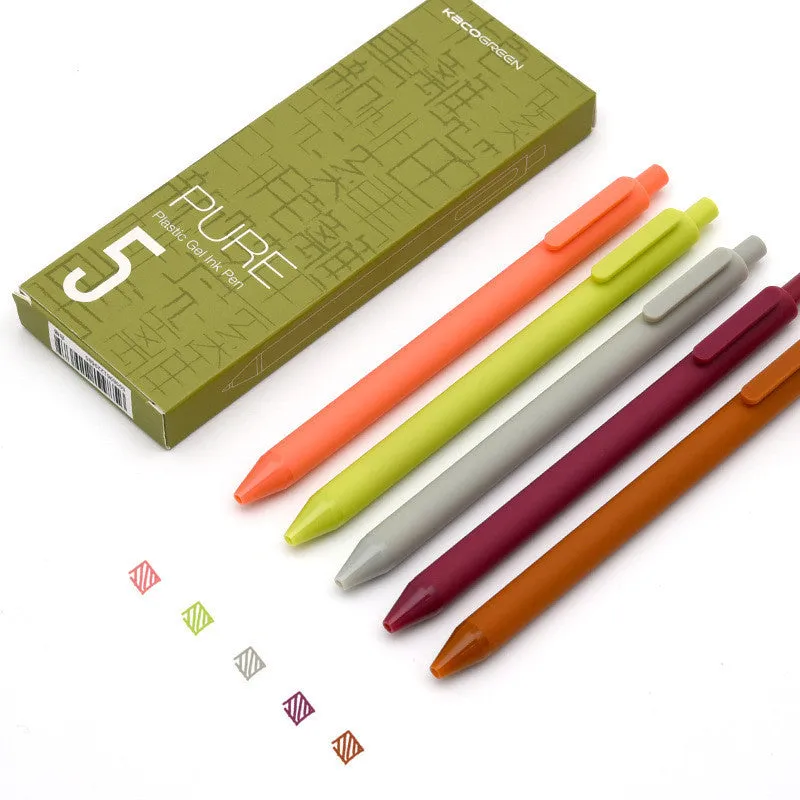 Set of five colour gel pens with 0.5mm fine tips in retro colour barrels for note taking
