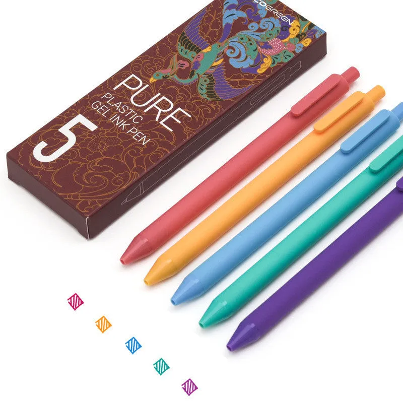 Set of five colour gel pens with 0.5mm fine tips in retro colour barrels for note taking
