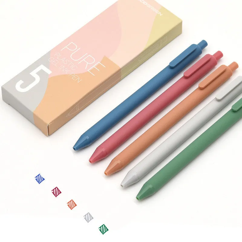 Set of five colour gel pens with 0.5mm fine tips in retro colour barrels for note taking
