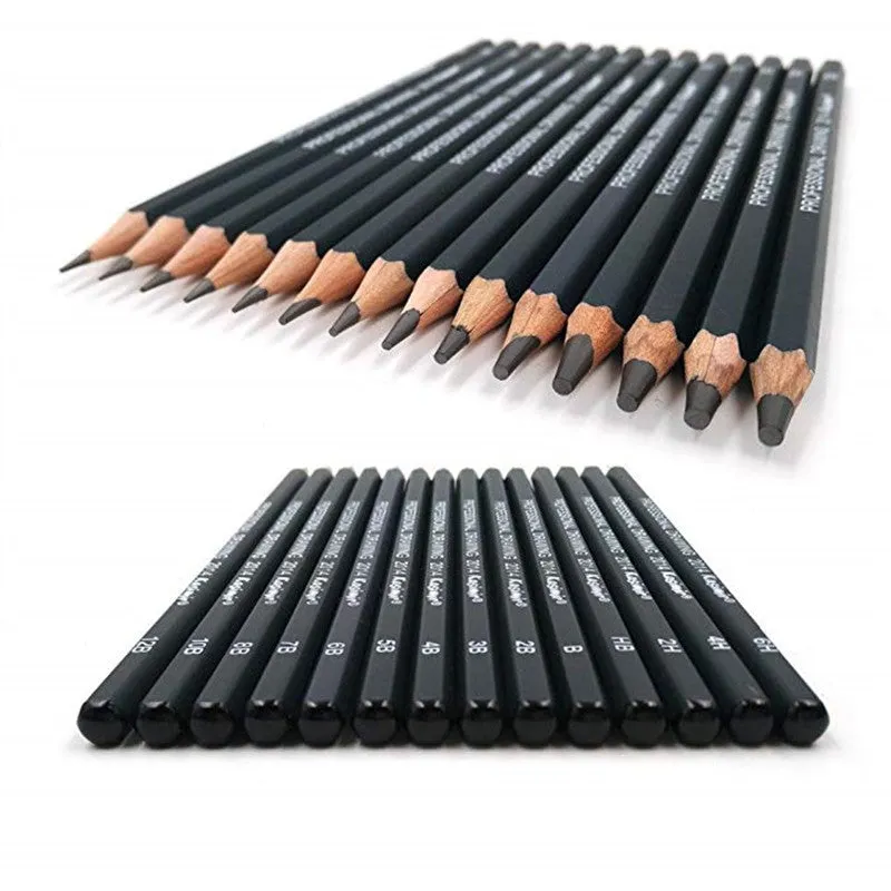 Boxed set of 14 black drawing pencils with hardness grades from 6H to 12B, each 18cm long