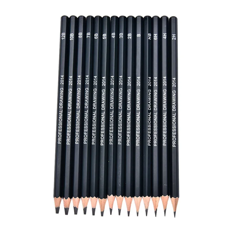 Boxed set of 14 black drawing pencils with hardness grades from 6H to 12B, each 18cm long