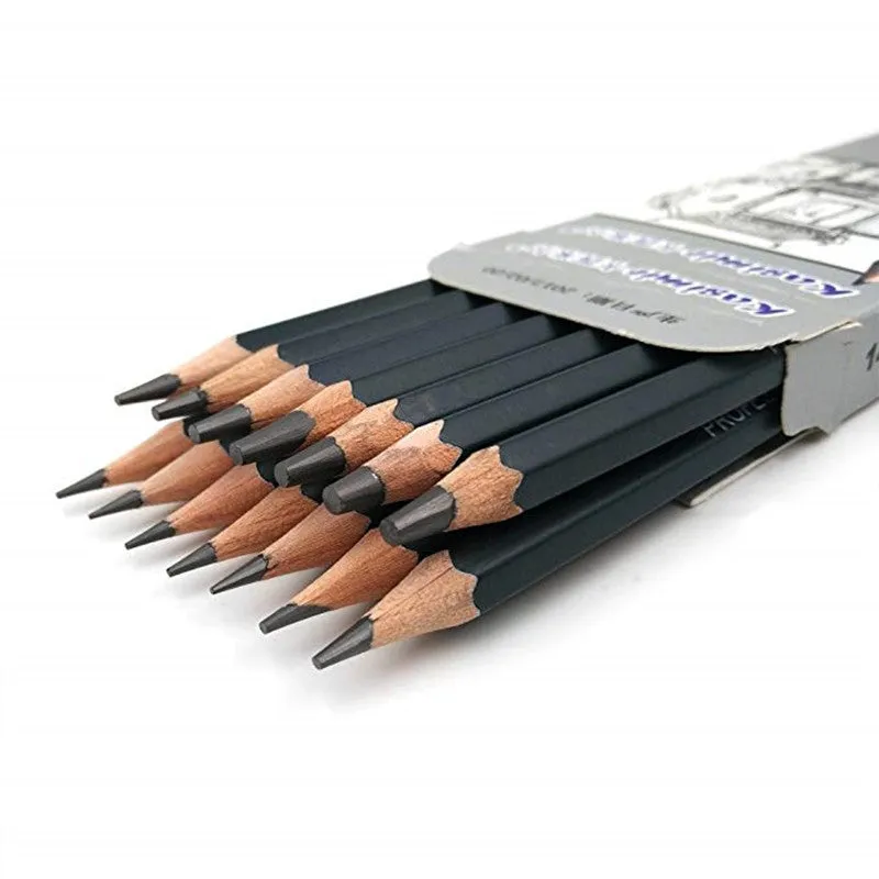 Boxed set of 14 black drawing pencils with hardness grades from 6H to 12B, each 18cm long