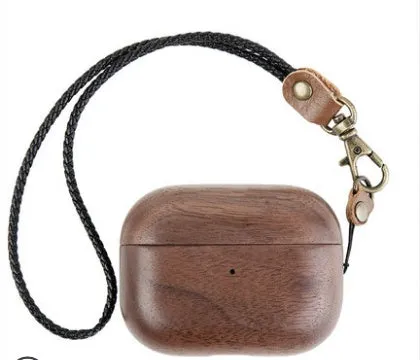 Solid wood protective sleeve for AirPods charging case in walnut finish with leather hand strap