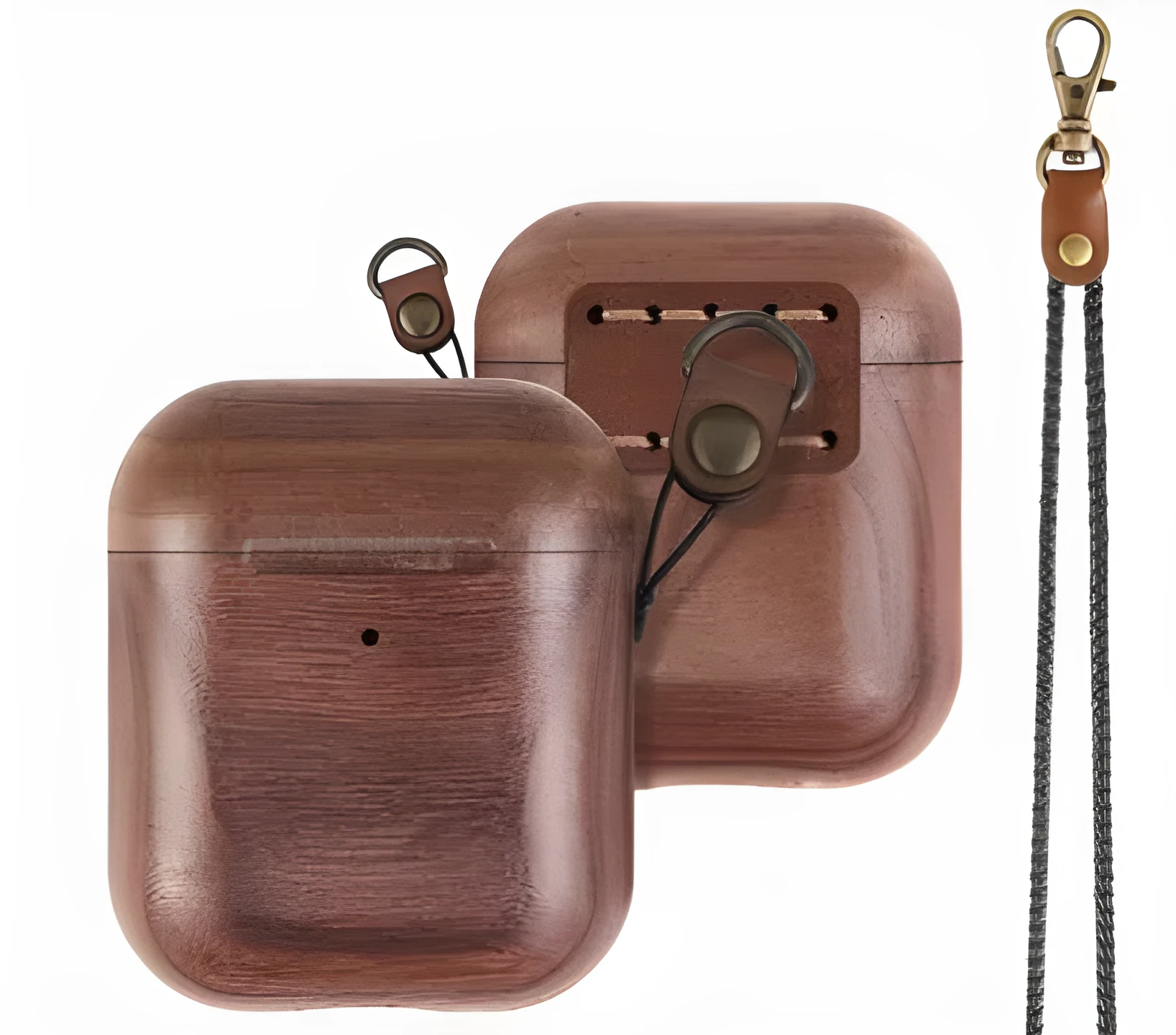 Solid wood protective sleeve for AirPods charging case in walnut finish with leather hand strap