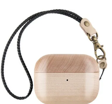 Solid wood protective sleeve for AirPods charging case in walnut finish with leather hand strap