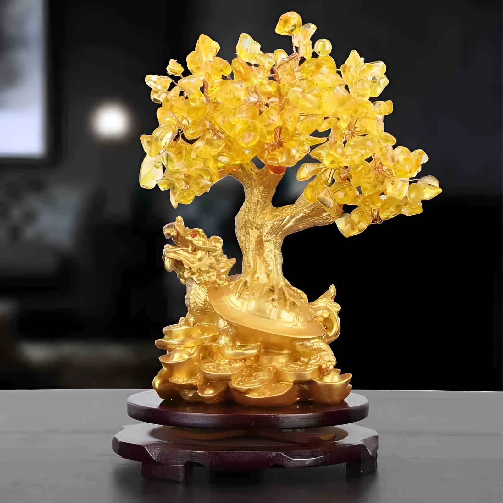 Citrine coloured resin money tree ornament with small water turtle model in Chinese style.