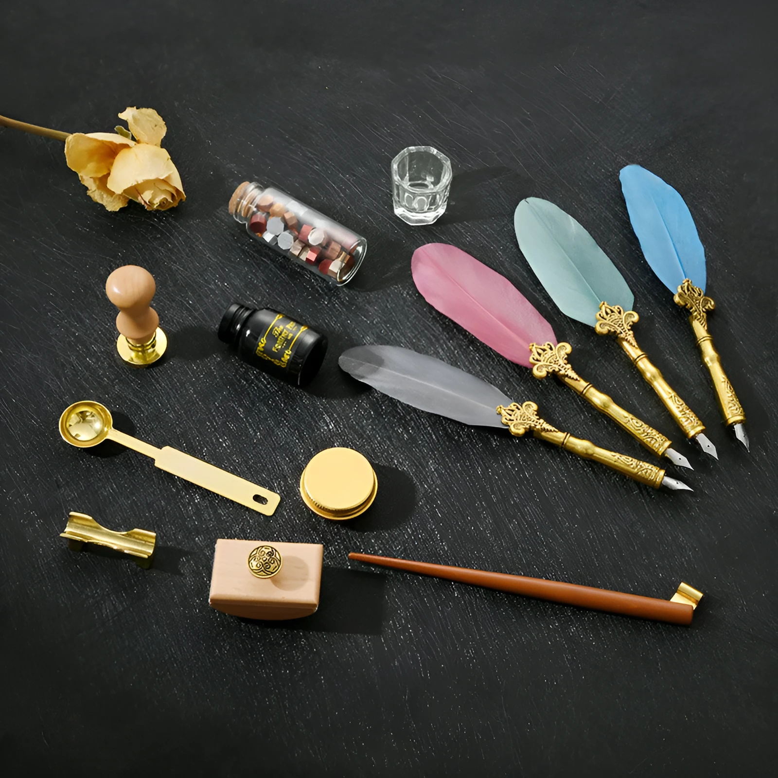 Creative dipped feather pen and lacquer stamp set in gift box with five stainless steel nibs and ink