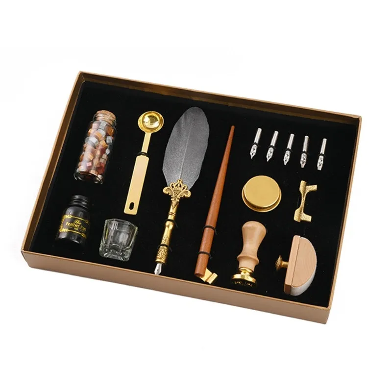 Creative dipped feather pen and lacquer stamp set in gift box with five stainless steel nibs and ink