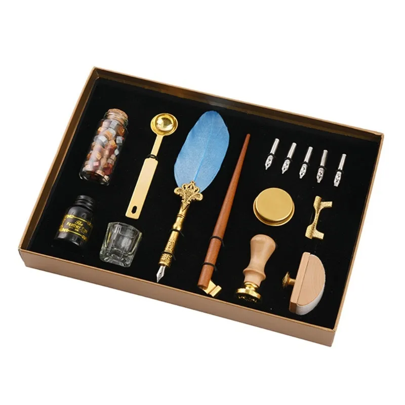 Creative dipped feather pen and lacquer stamp set in gift box with five stainless steel nibs and ink