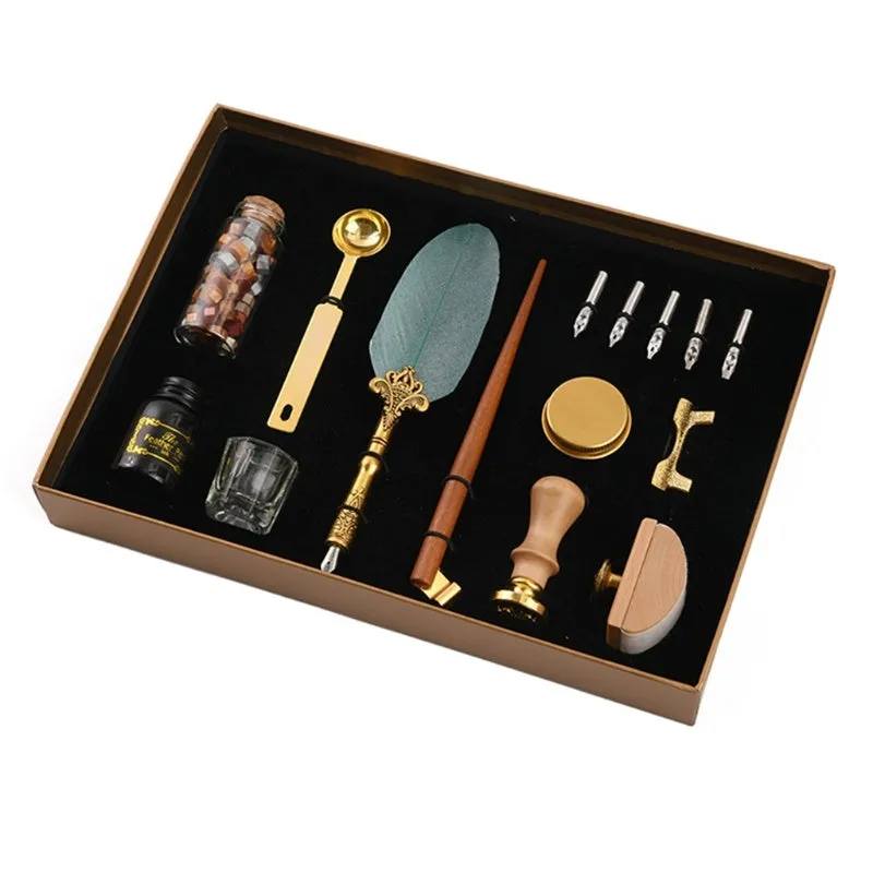 Creative dipped feather pen and lacquer stamp set in gift box with five stainless steel nibs and ink