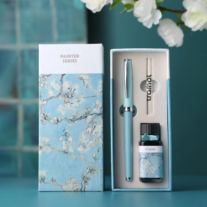 Metal fountain pen with iridium nib and rotary ink suction in Morandi blue colour 0.5mm tip